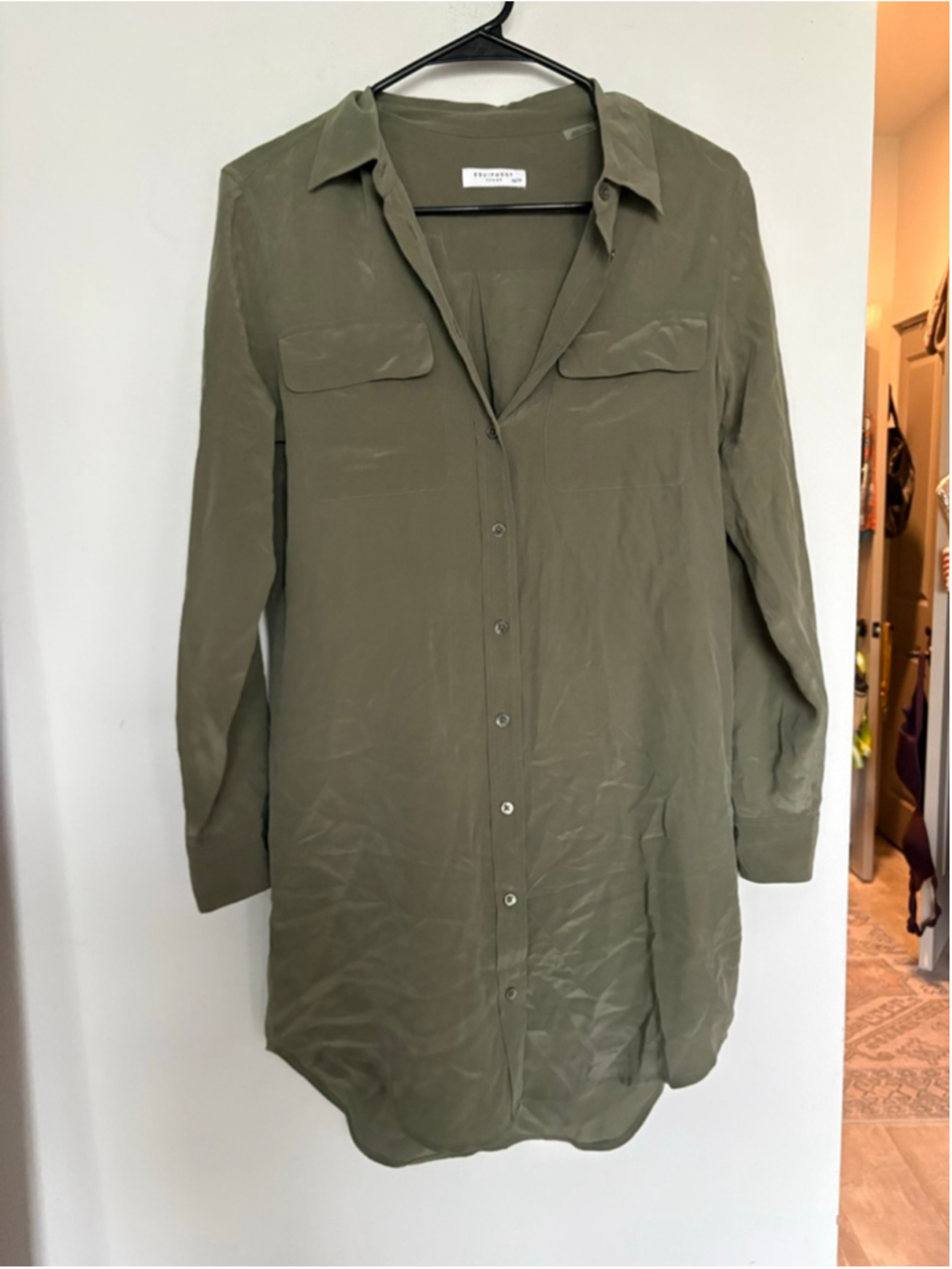 Equipment Slim Signature Army Green Washed Silk Mini Shirt Dress XS